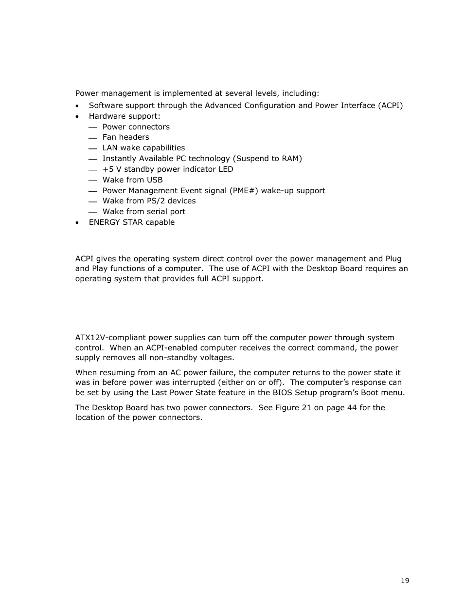 Power management features, Acpi, Hardware support | Power connectors | Intel DG41MJ User Manual | Page 19 / 68