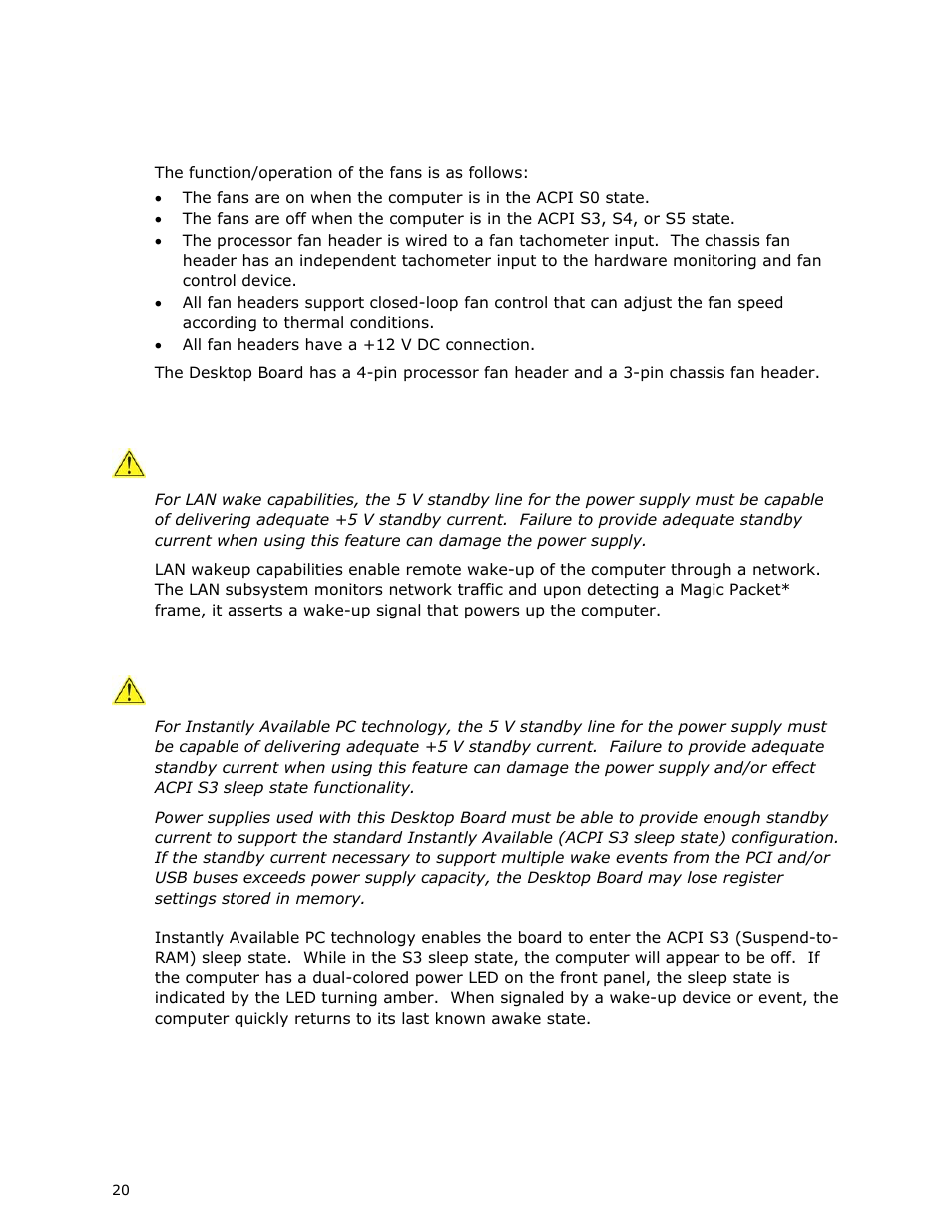 Fan headers, Lan wake capabilities, Instantly available pc technology | Intel DG41MJ User Manual | Page 20 / 68