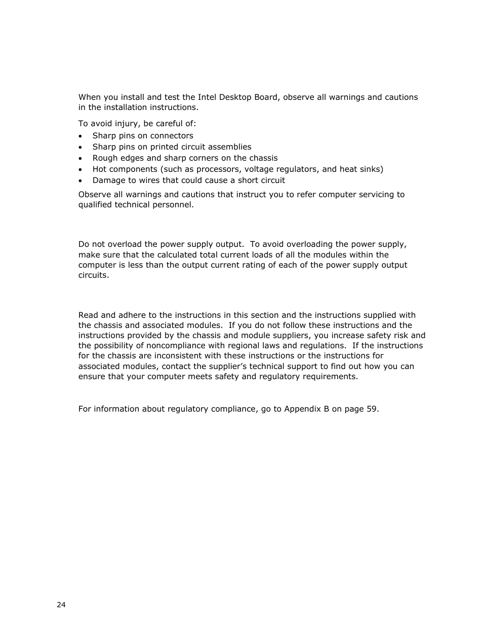 Installation precautions, Prevent power supply overload, Observe safety and regulatory requirements | Related links | Intel DG41MJ User Manual | Page 24 / 68