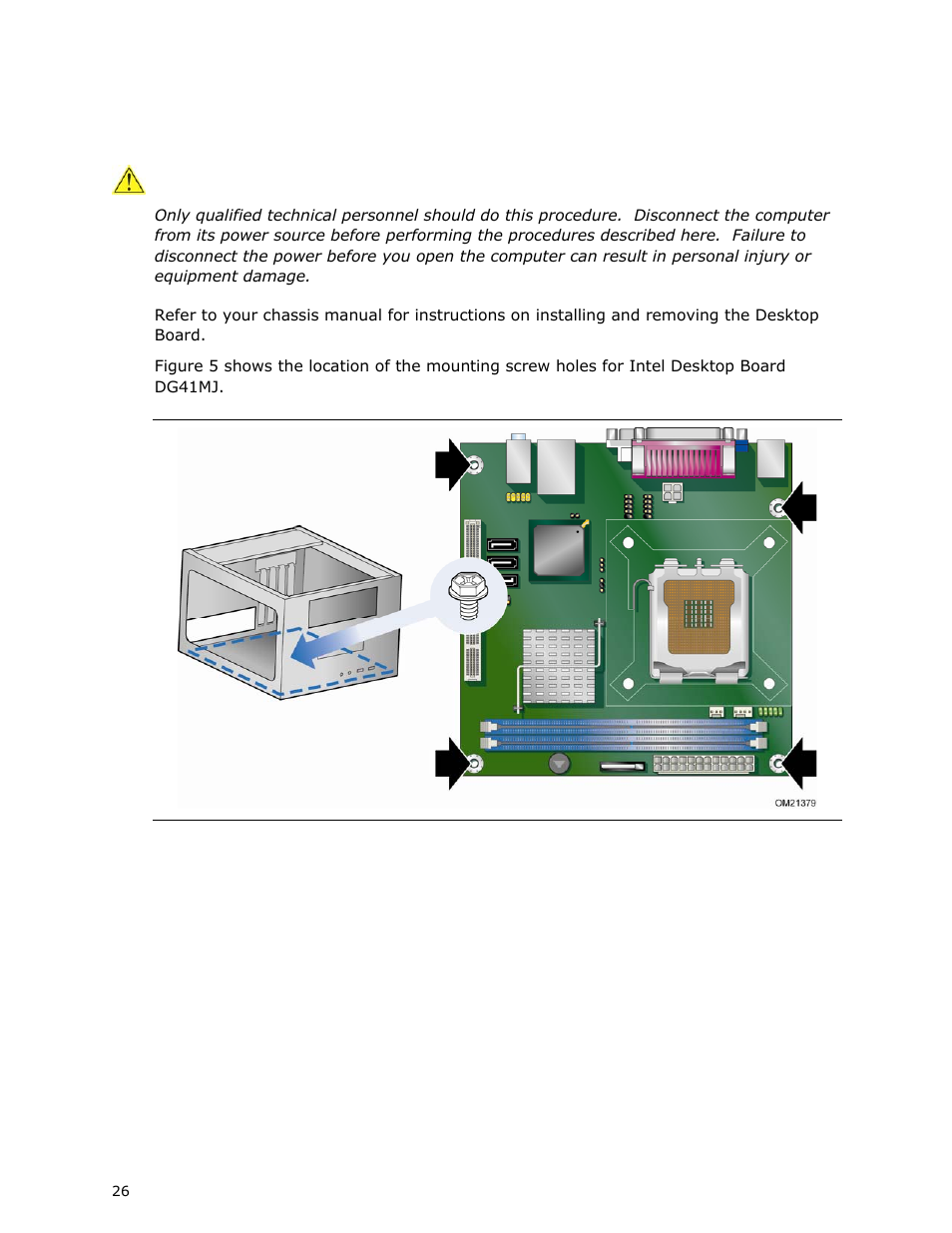 Installing and removing the desktop board | Intel DG41MJ User Manual | Page 26 / 68