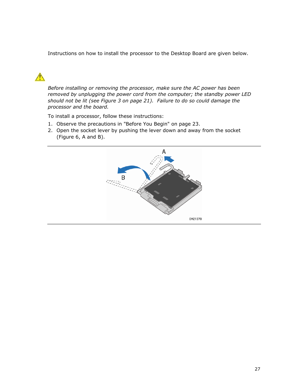 Installing and removing a processor, Installing a processor | Intel DG41MJ User Manual | Page 27 / 68
