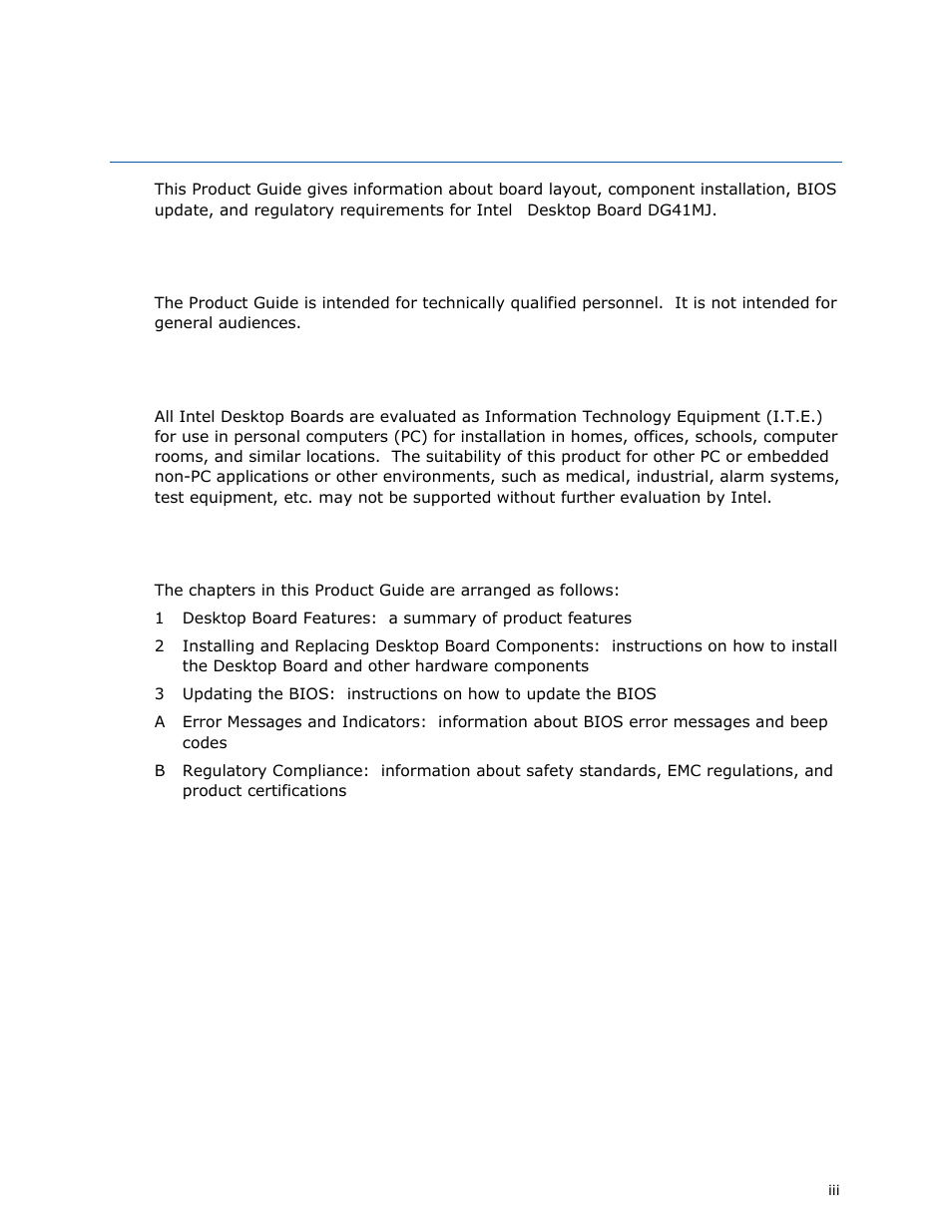 Preface, Intended audience, Use only for intended applications | Document organization | Intel DG41MJ User Manual | Page 3 / 68