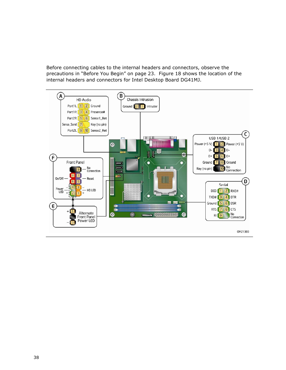 Connecting to the internal headers and connectors | Intel DG41MJ User Manual | Page 38 / 68