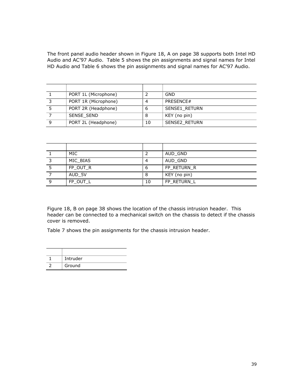 Front panel audio header, Chassis intrusion header | Intel DG41MJ User Manual | Page 39 / 68