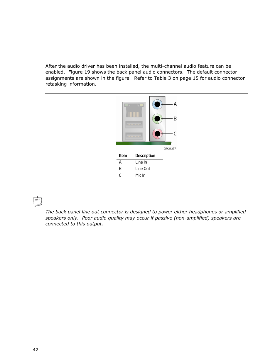 Connecting to the back panel audio connectors | Intel DG41MJ User Manual | Page 42 / 68