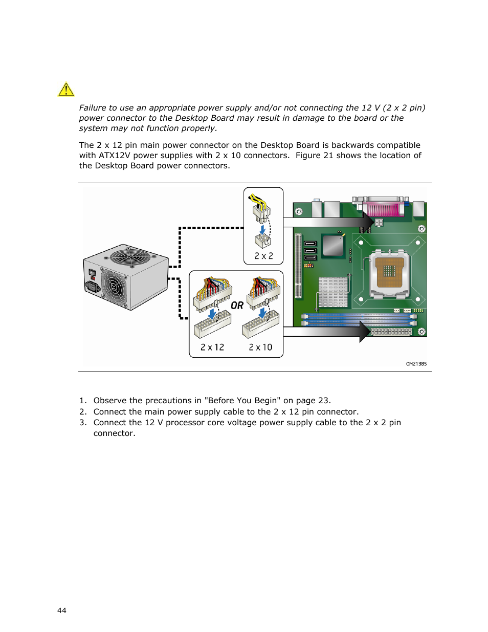 Connecting supply power cables | Intel DG41MJ User Manual | Page 44 / 68