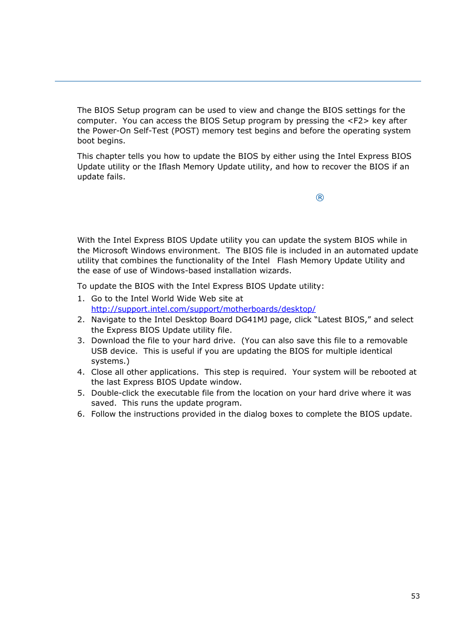 3 updating the bios, Updating the bios with the intel, Express bios update utility | Intel DG41MJ User Manual | Page 53 / 68
