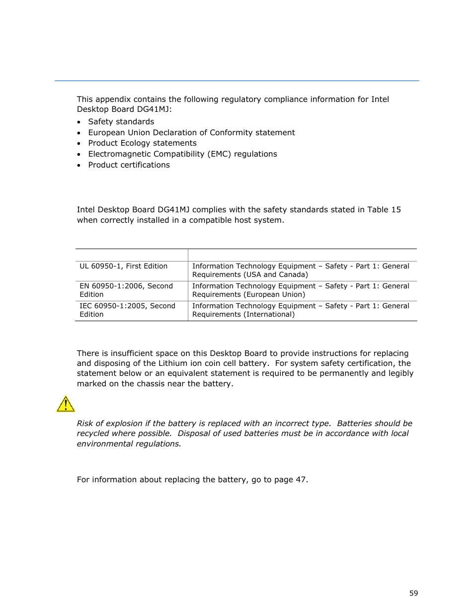 B regulatory compliance, Safety standards, Place battery marking | Related links | Intel DG41MJ User Manual | Page 59 / 68