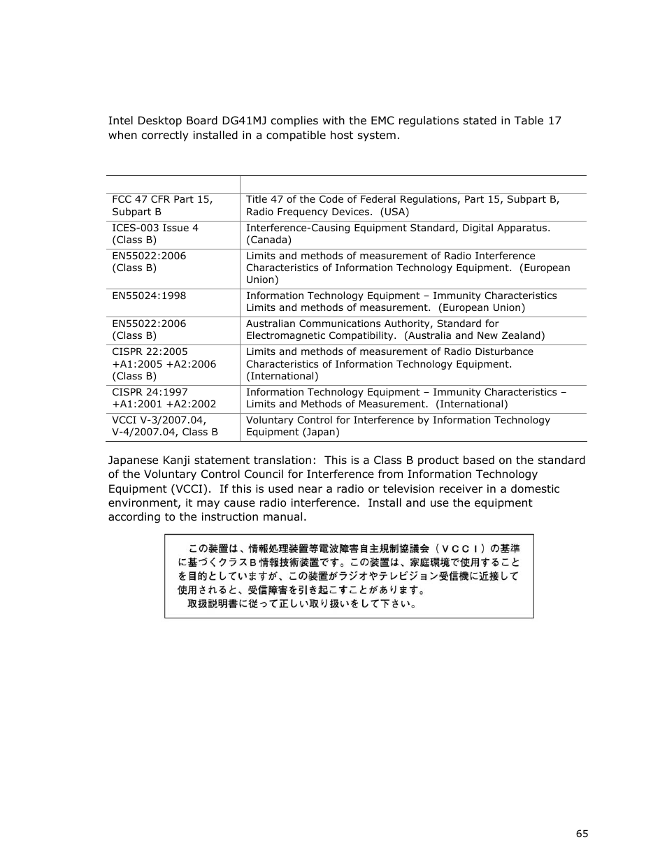 Emc regulations | Intel DG41MJ User Manual | Page 65 / 68