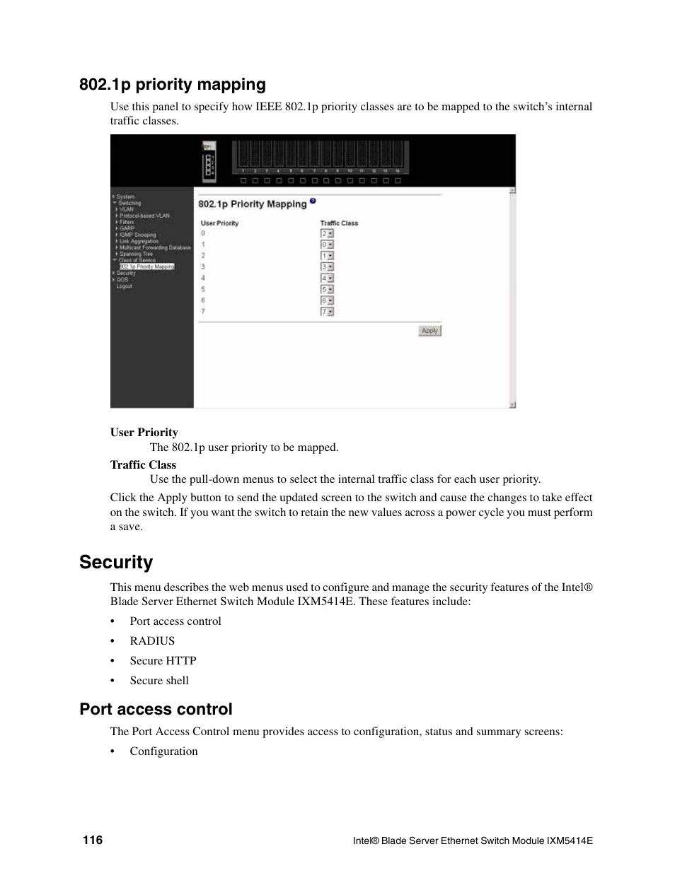 Security, 1p priority mapping, Port access control | Intel IXM5414E User Manual | Page 126 / 294