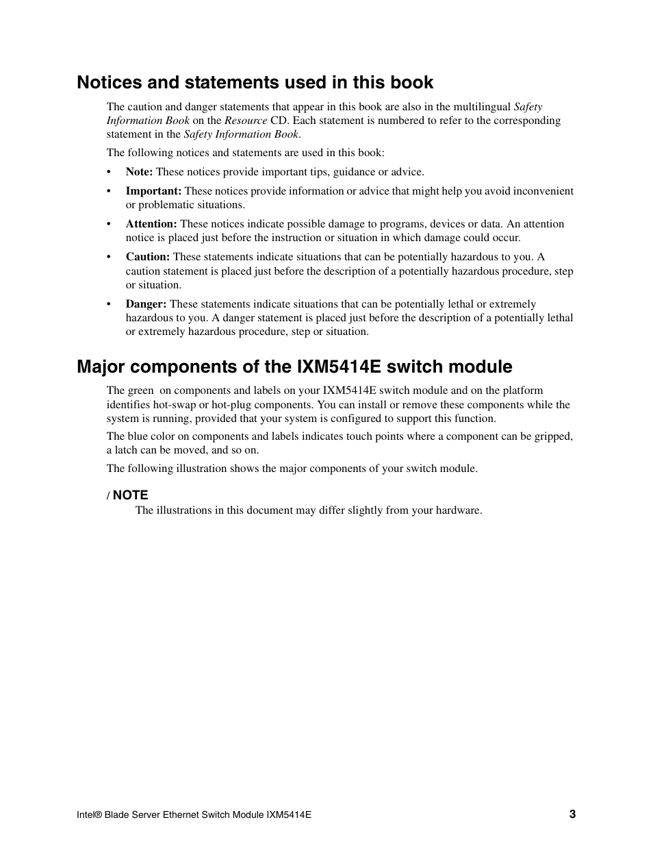 Notices and statements used in this book, Major components of the ixm5414e switch module | Intel IXM5414E User Manual | Page 13 / 294