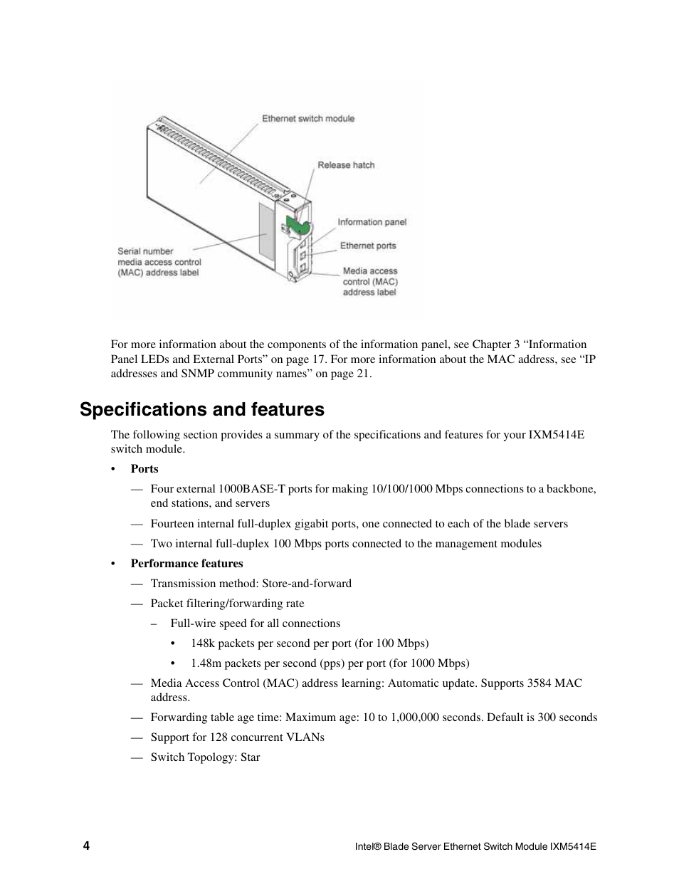 Specifications and features | Intel IXM5414E User Manual | Page 14 / 294