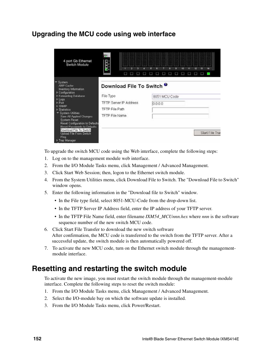 Resetting and restarting the switch module, Upgrading the mcu code using web interface | Intel IXM5414E User Manual | Page 162 / 294