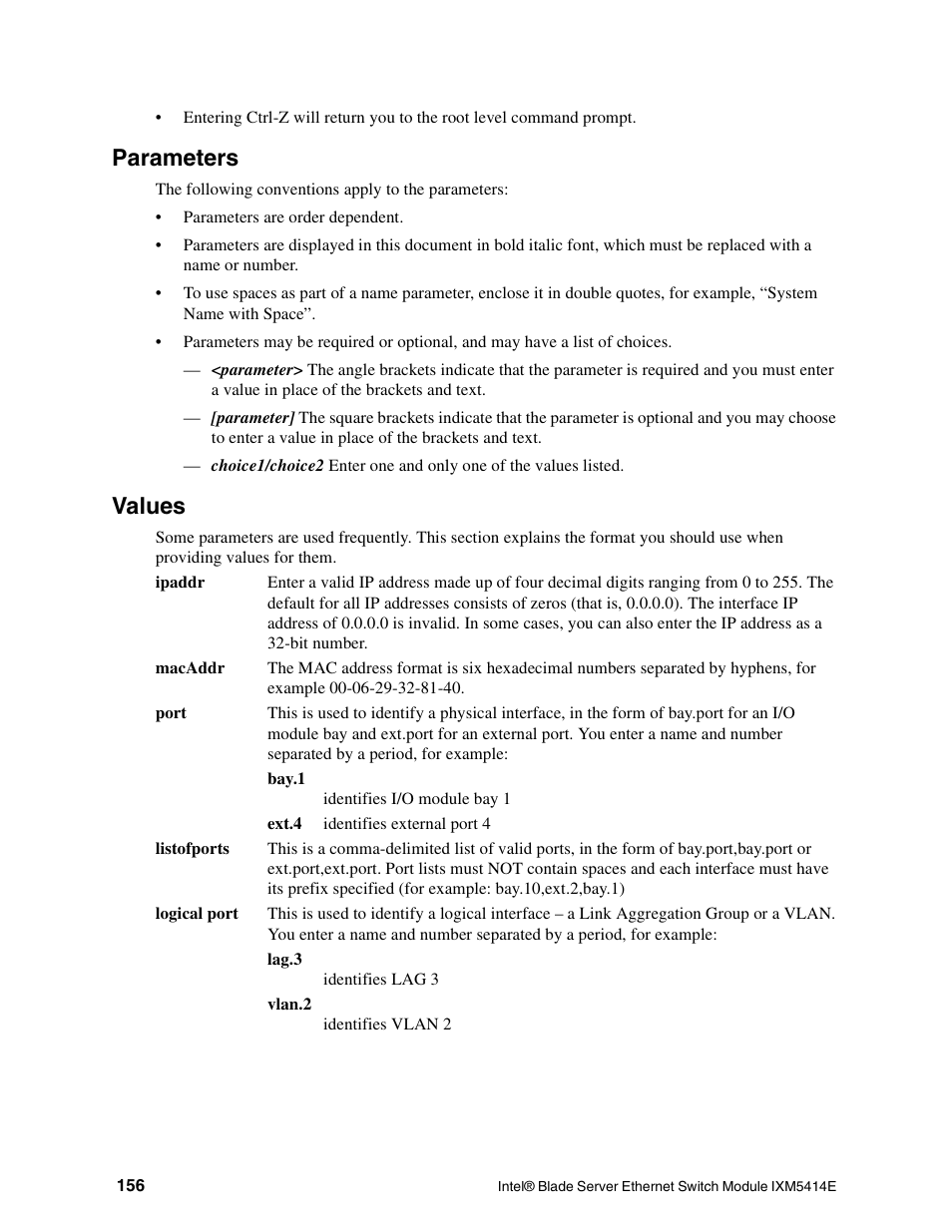 Parameters, Values | Intel IXM5414E User Manual | Page 166 / 294