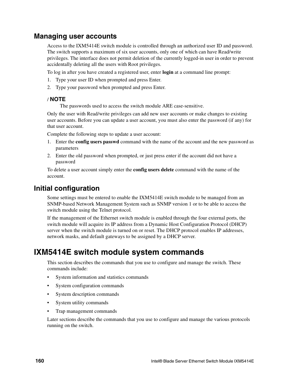 Ixm5414e switch module system commands, Managing user accounts, Initial configuration | Intel IXM5414E User Manual | Page 170 / 294