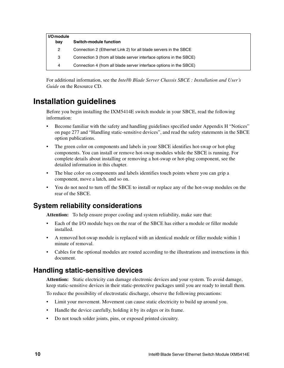 Installation guidelines, System reliability considerations, Handling static-sensitive devices | Intel IXM5414E User Manual | Page 20 / 294