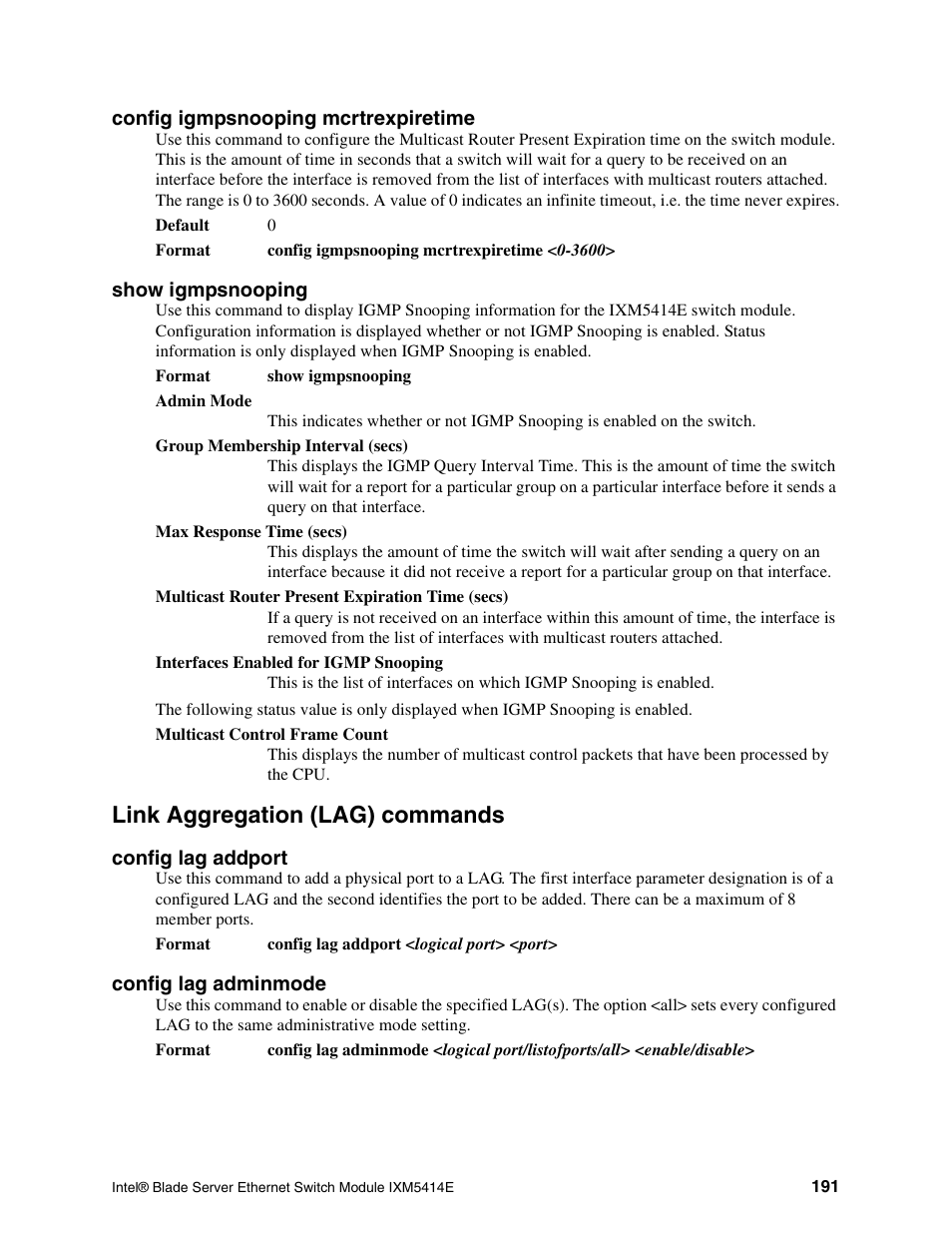 Link aggregation (lag) commands | Intel IXM5414E User Manual | Page 201 / 294
