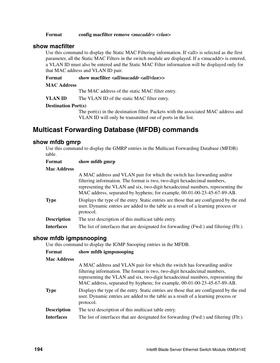 Multicast forwarding database (mfdb) commands | Intel IXM5414E User Manual | Page 204 / 294