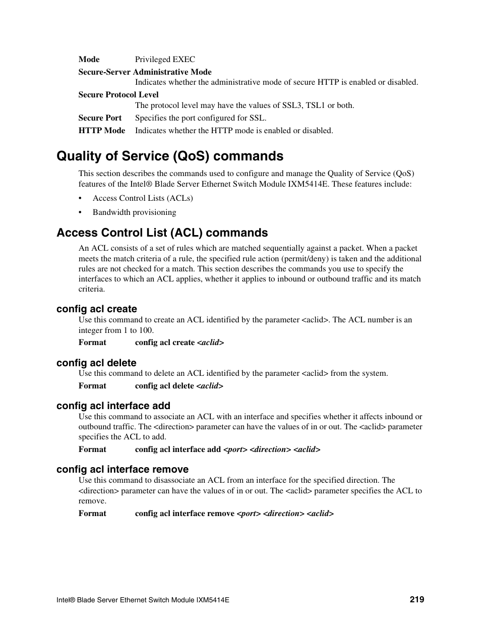 Quality of service (qos) commands, Access control list (acl) commands | Intel IXM5414E User Manual | Page 229 / 294