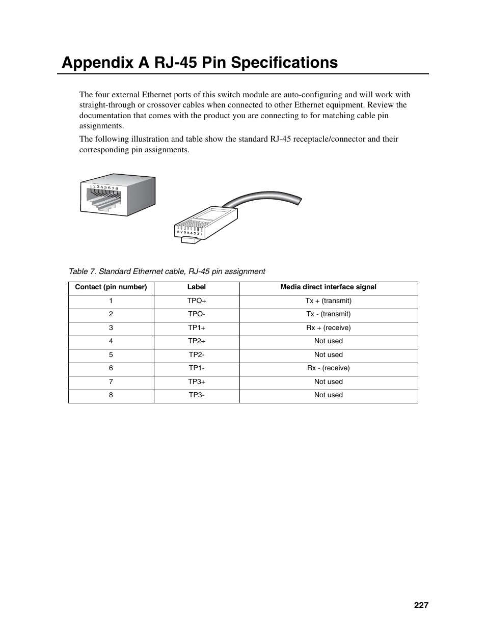 Appendix a rj-45 pin specifications | Intel IXM5414E User Manual | Page 237 / 294