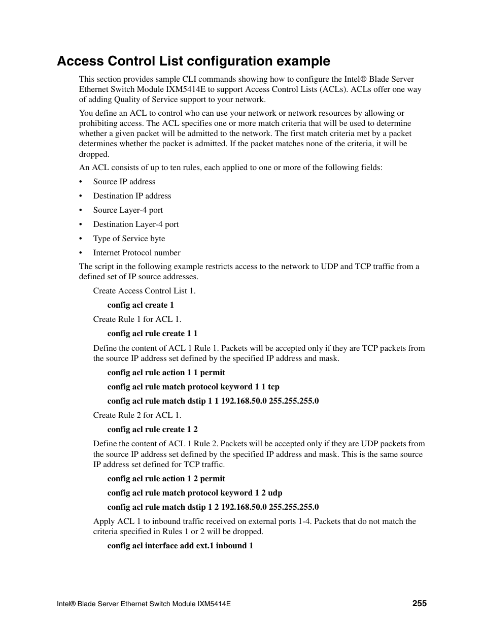 Access control list configuration example | Intel IXM5414E User Manual | Page 265 / 294