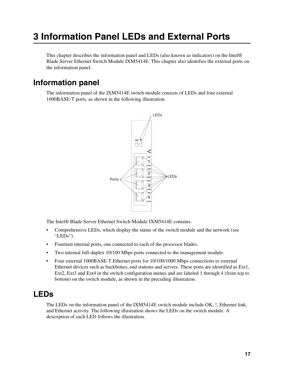 3 information panel leds and external ports, Information panel, Leds | Intel IXM5414E User Manual | Page 27 / 294