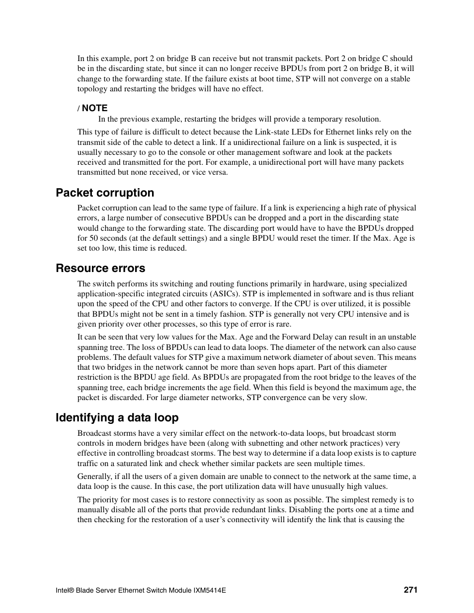 Packet corruption, Resource errors, Identifying a data loop | Intel IXM5414E User Manual | Page 281 / 294