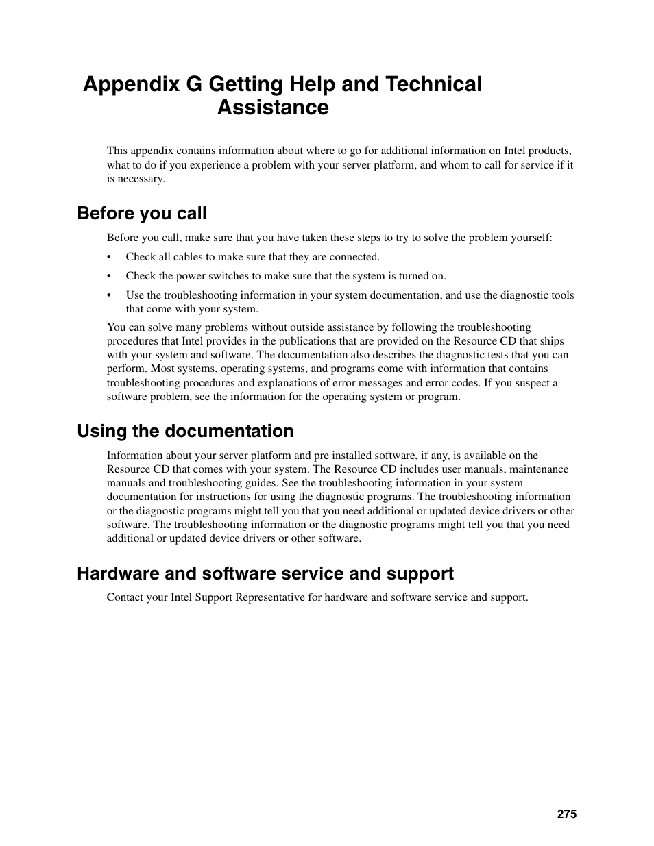 Appendix g getting help and technical assistance, Before you call, Using the documentation | Hardware and software service and support | Intel IXM5414E User Manual | Page 285 / 294