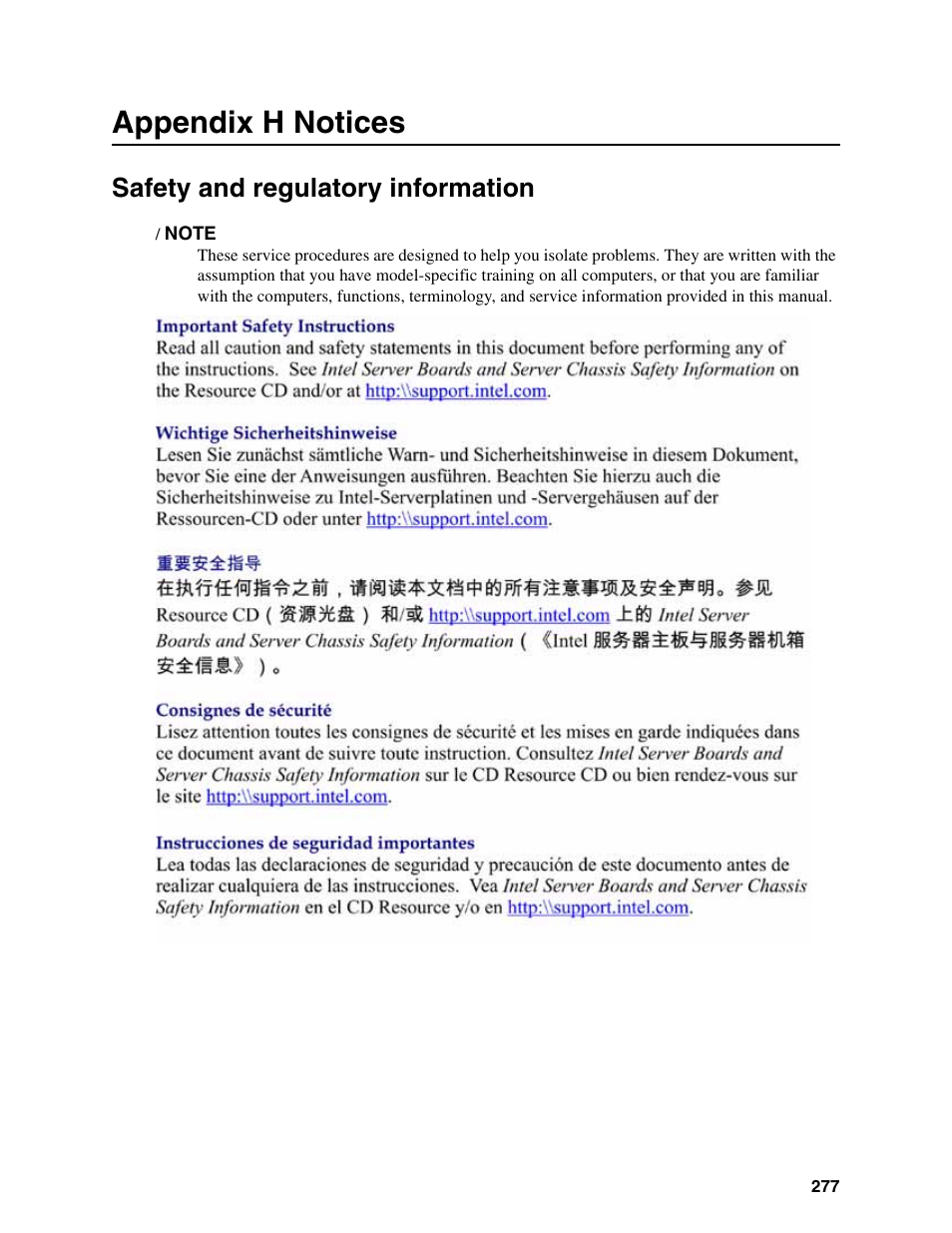 Appendix h notices, Safety and regulatory information | Intel IXM5414E User Manual | Page 287 / 294