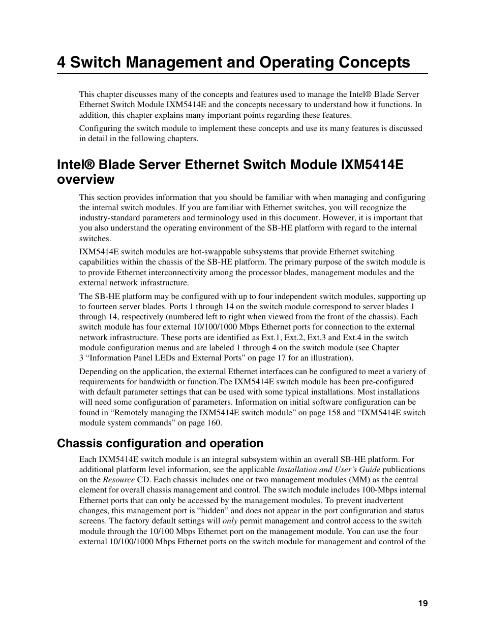 4 switch management and operating concepts, Chassis configuration and operation | Intel IXM5414E User Manual | Page 29 / 294