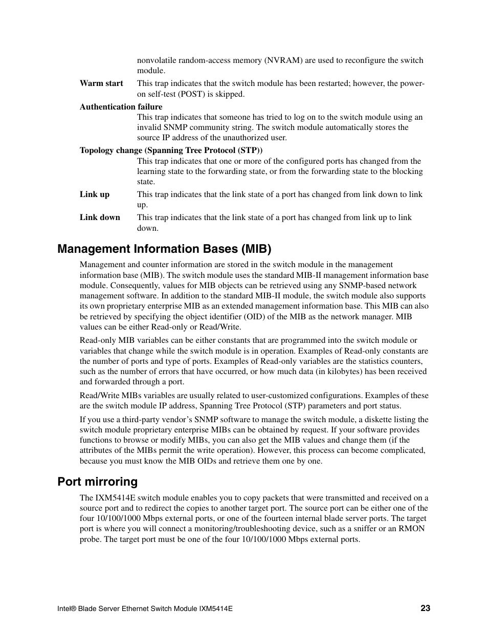 Management information bases (mib), Port mirroring | Intel IXM5414E User Manual | Page 33 / 294