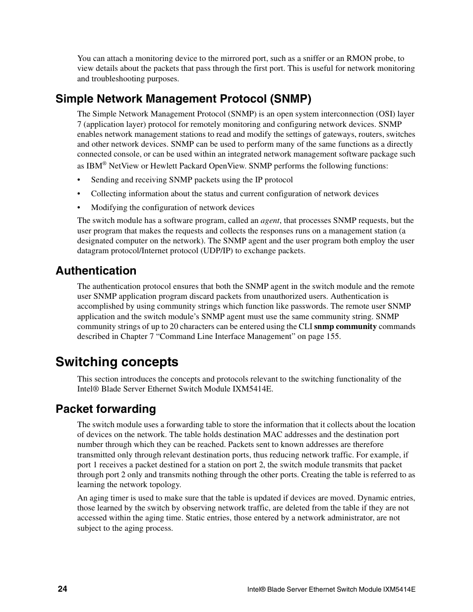 Switching concepts, Simple network management protocol (snmp), Authentication | Packet forwarding | Intel IXM5414E User Manual | Page 34 / 294
