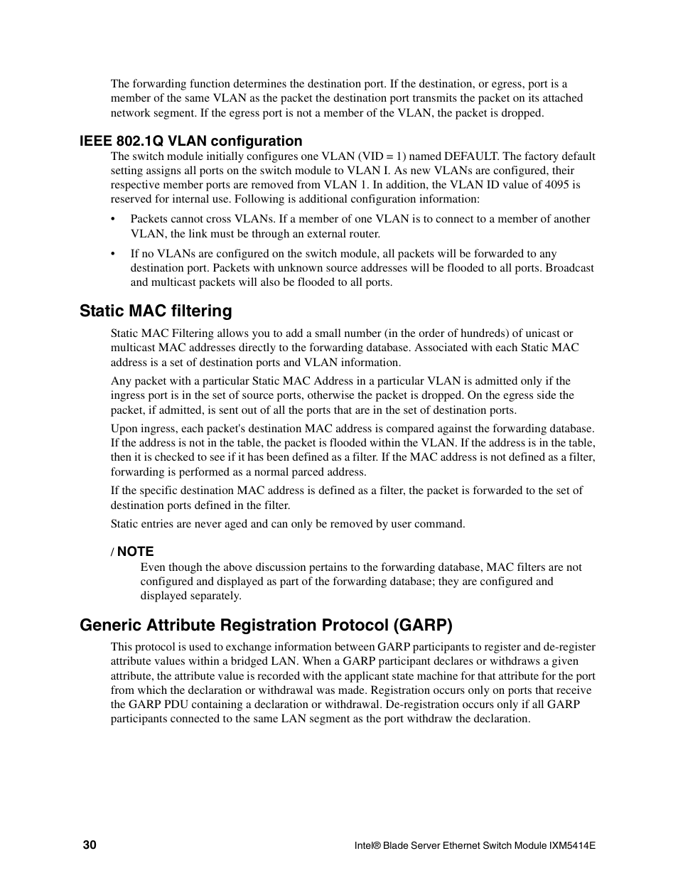 Static mac filtering, Generic attribute registration protocol (garp) | Intel IXM5414E User Manual | Page 40 / 294