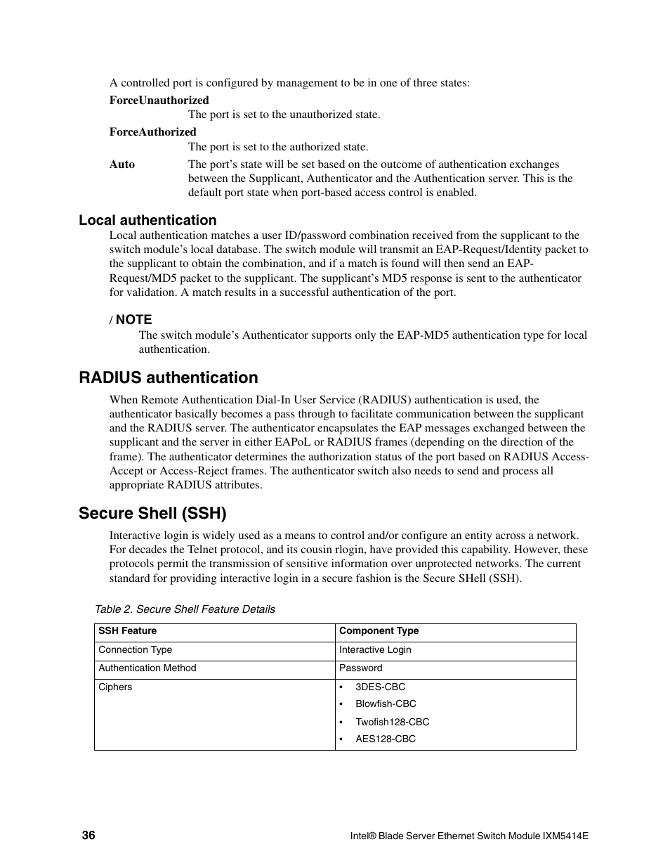 Radius authentication, Secure shell (ssh), Local authentication | Intel IXM5414E User Manual | Page 46 / 294