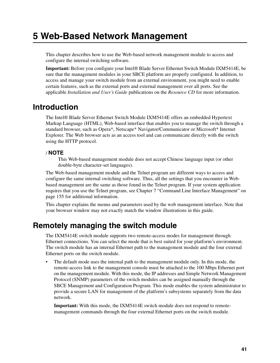 5 web-based network management, Introduction, Remotely managing the switch module | Intel IXM5414E User Manual | Page 51 / 294