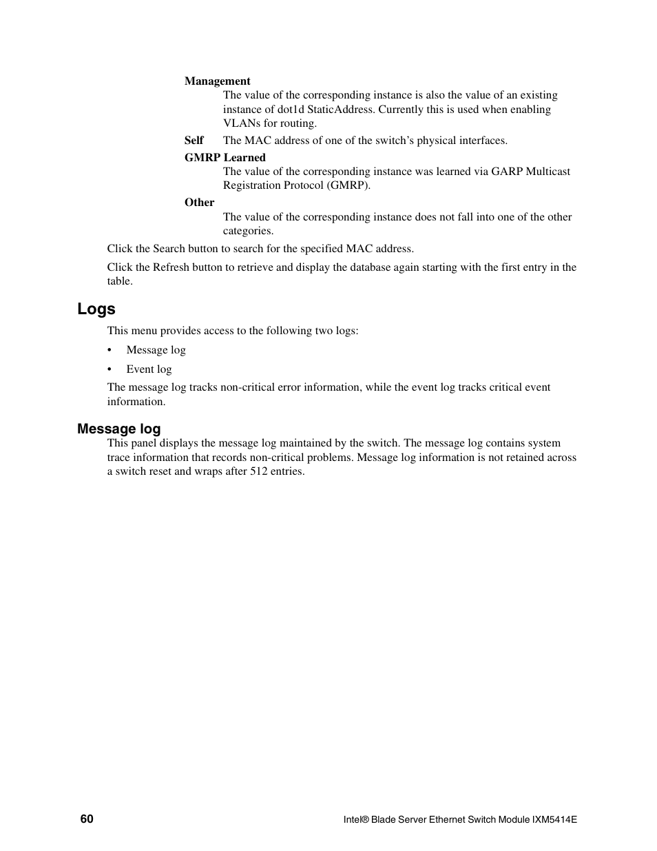 Logs | Intel IXM5414E User Manual | Page 70 / 294