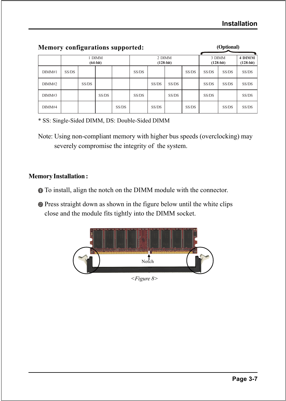 Installation, Page 3-7, Ss: single-sided dimm, ds: double-sided dimm | Figure 8, Optional) | Intel I945P User Manual | Page 23 / 70