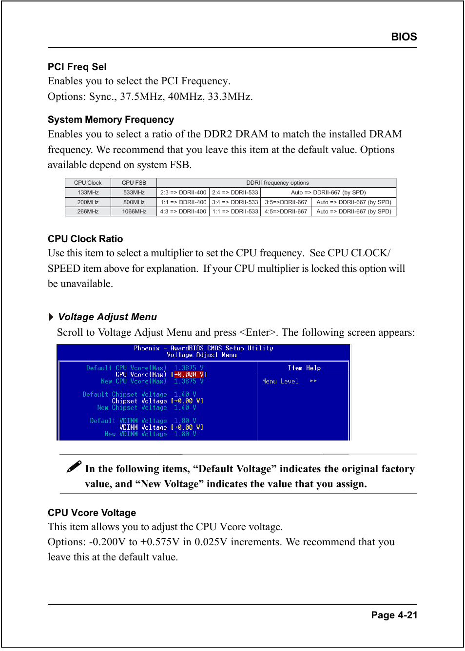 Bios, Page 4-21 pci freq sel, Cpu clock ratio | Voltage adjust menu, Cpu vcore voltage | Intel I945P User Manual | Page 55 / 70