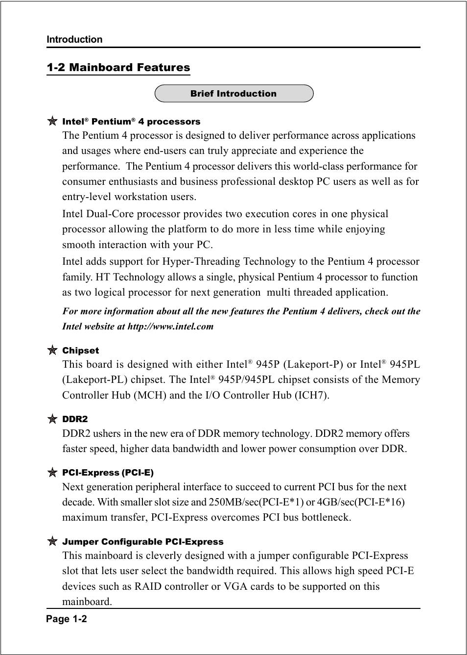 2 mainboard features, This board is designed with either intel, 945p (lakeport-p) or intel | 945pl (lakeport-pl) chipset. the intel | Intel I945P User Manual | Page 8 / 70