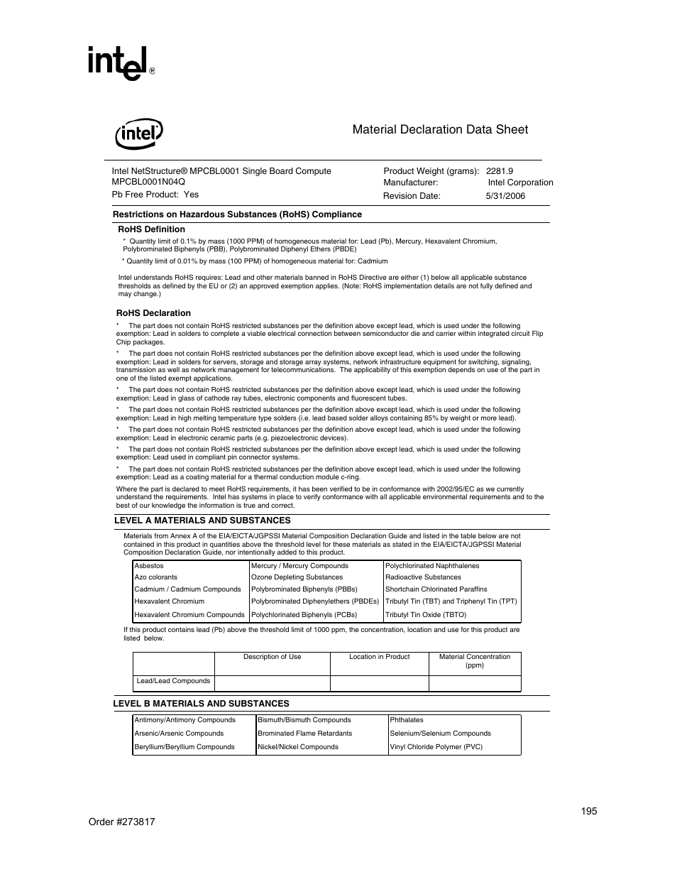 Material declaration data sheet, Intel netstructure | Intel NetStructure MPCBL0001 User Manual | Page 195 / 198
