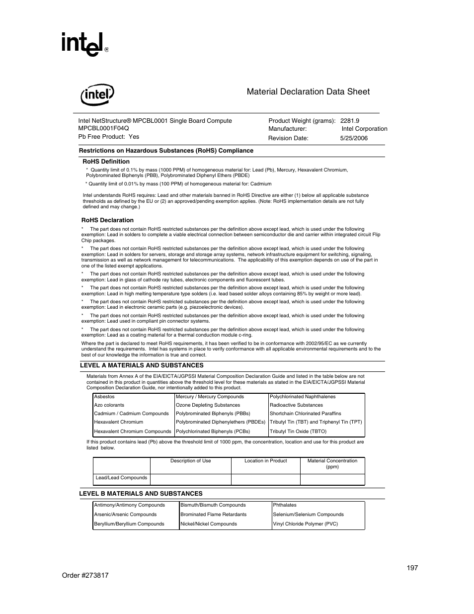 Material declaration data sheet, Intel netstructure | Intel NetStructure MPCBL0001 User Manual | Page 197 / 198