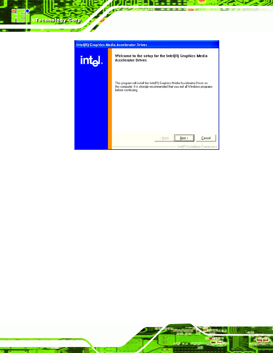 Figure 7-12: vga driver welcome screen | Intel iEi Motherboard A300 User Manual | Page 159 / 192