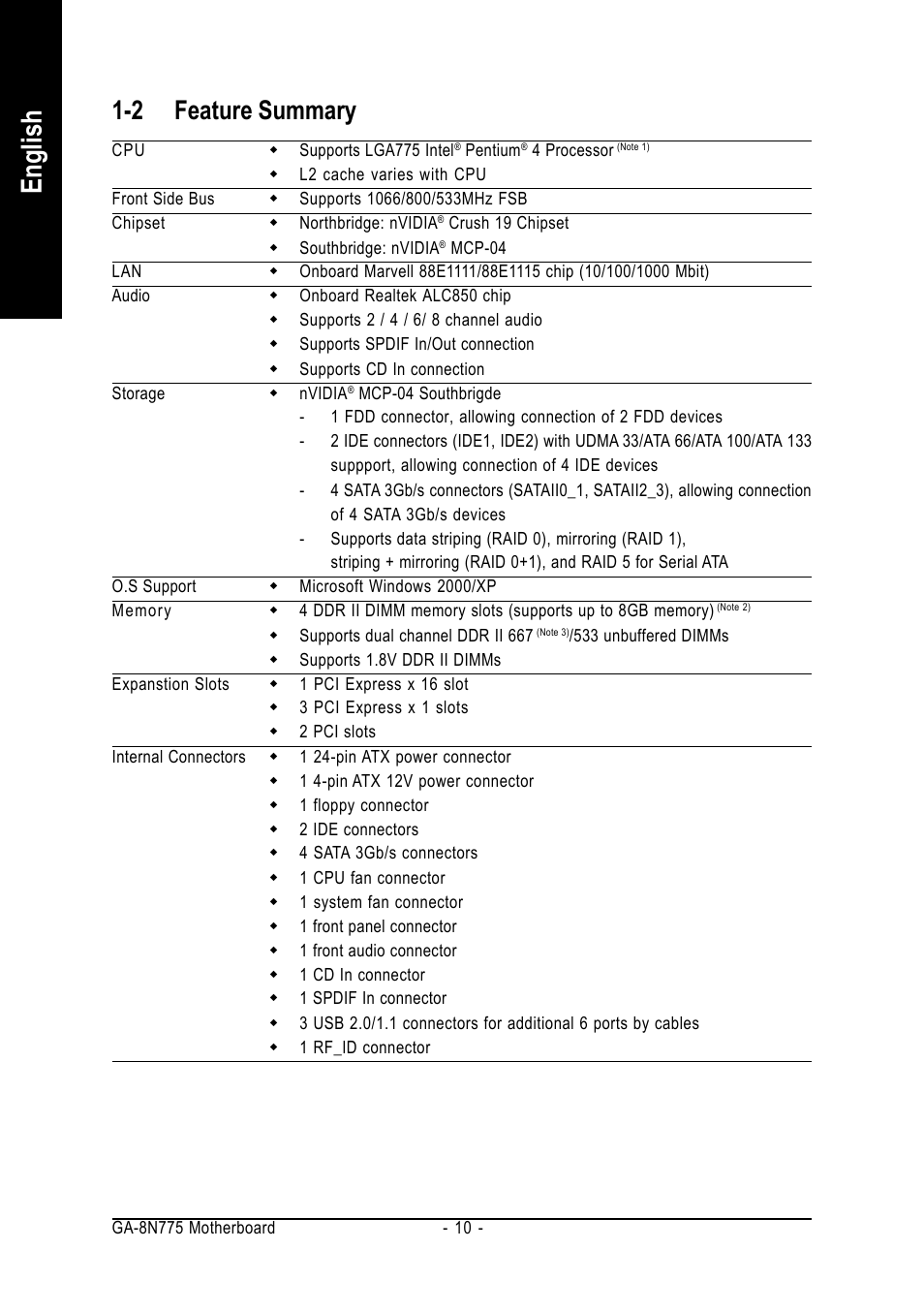 English, 2 feature summary | Intel GA-8N775 User Manual | Page 10 / 88