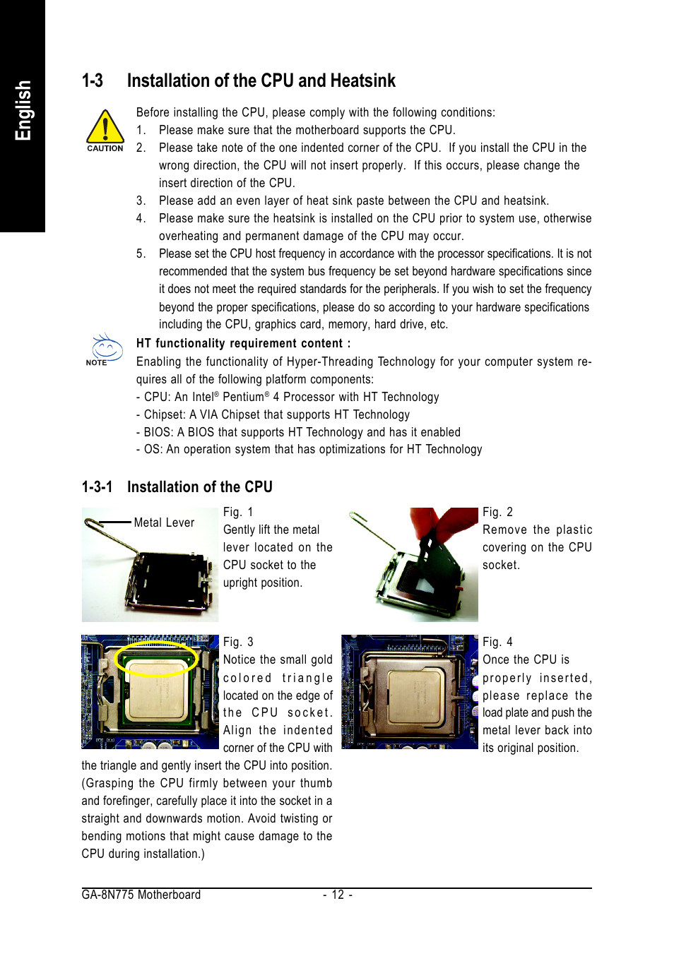 English, 3 installation of the cpu and heatsink | Intel GA-8N775 User Manual | Page 12 / 88