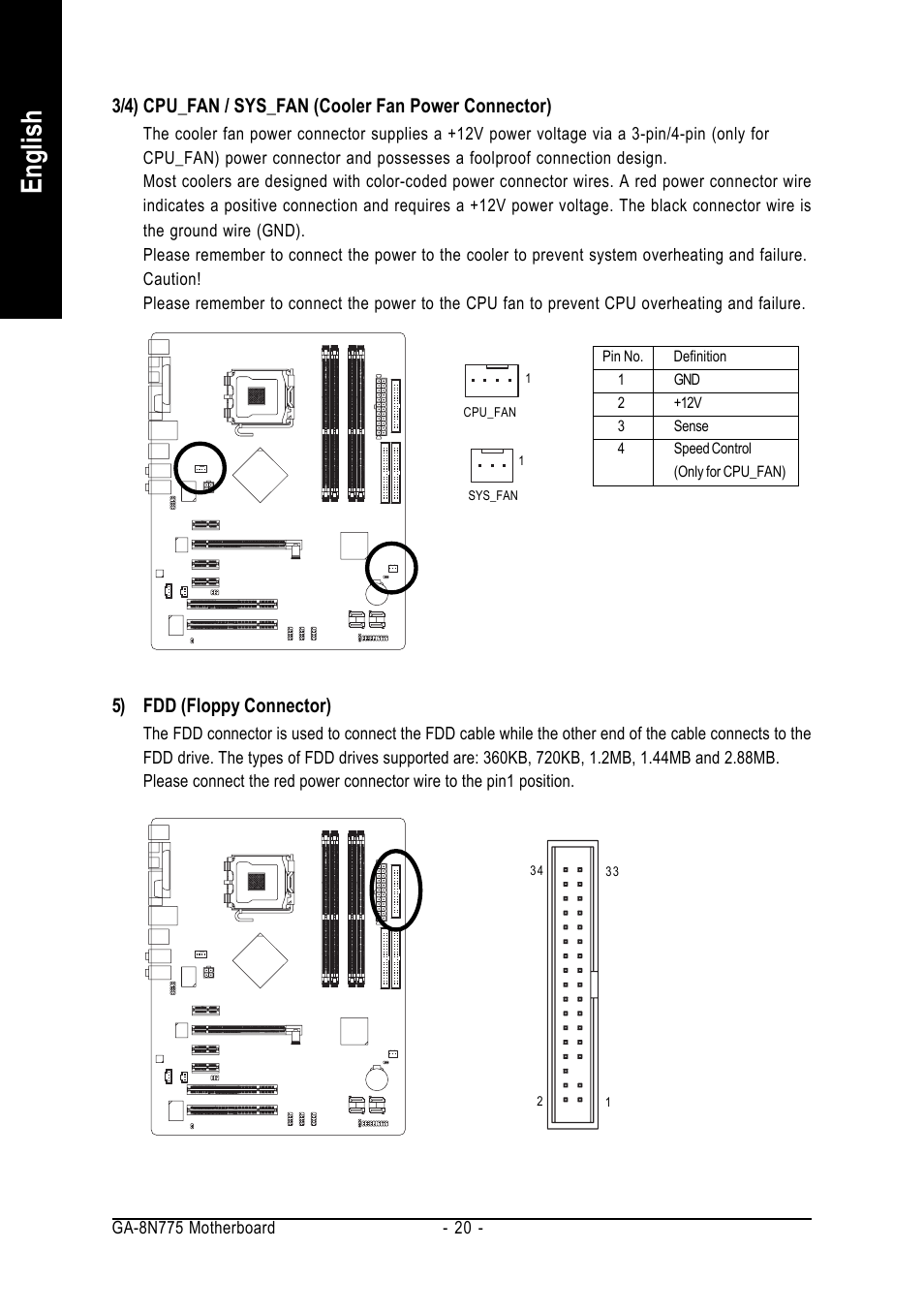 English, 5) fdd (floppy connector) | Intel GA-8N775 User Manual | Page 20 / 88
