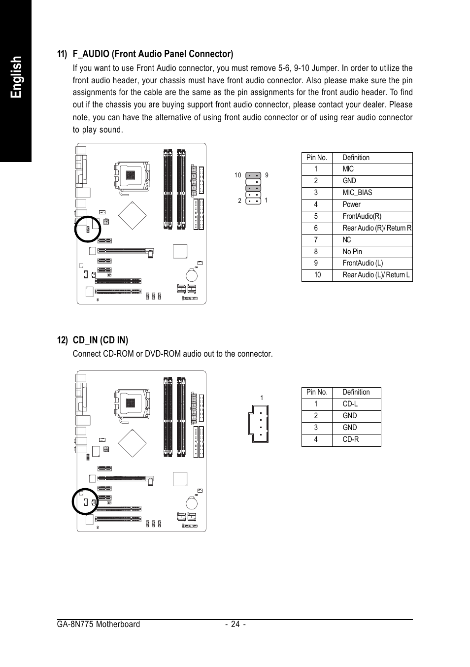English, 12) cd_in (cd in), 11) f_audio (front audio panel connector) | Intel GA-8N775 User Manual | Page 24 / 88
