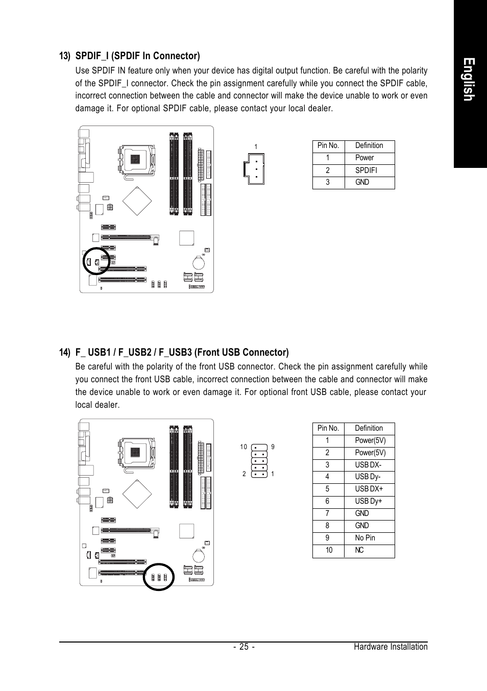 English, 13) spdif_i (spdif in connector) | Intel GA-8N775 User Manual | Page 25 / 88