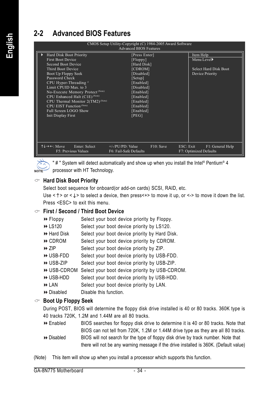 English, 2 advanced bios features, Hard disk boot priority | First / second / third boot device, Boot up floppy seek | Intel GA-8N775 User Manual | Page 34 / 88