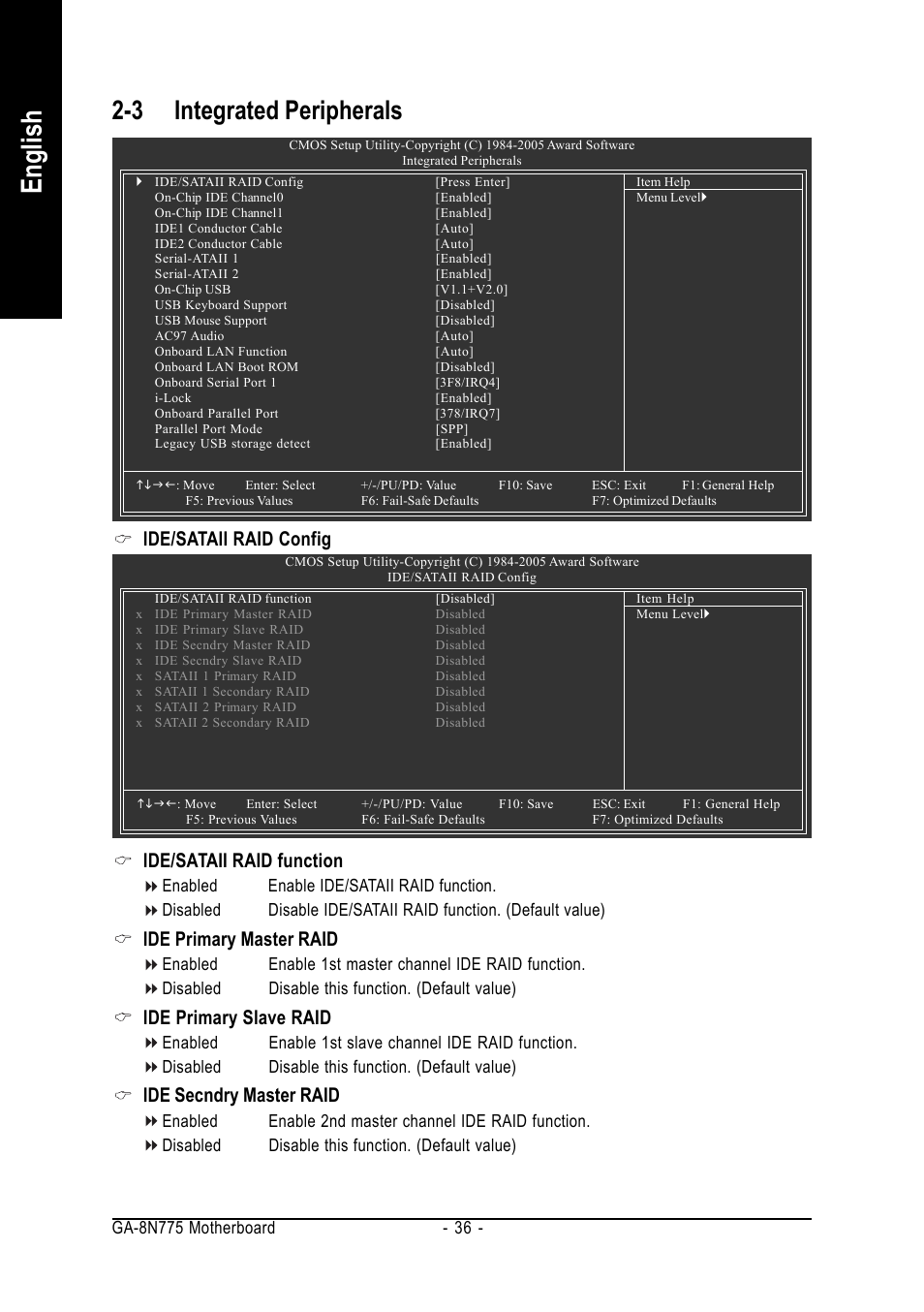 English, 3 integrated peripherals, Ide/sataii raid function | Ide primary master raid, Ide primary slave raid, Ide secndry master raid, Ide/sataii raid config | Intel GA-8N775 User Manual | Page 36 / 88