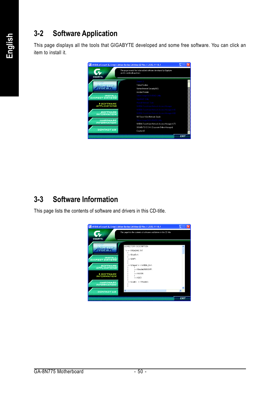 English, 2 software application, 3 software information | Intel GA-8N775 User Manual | Page 50 / 88